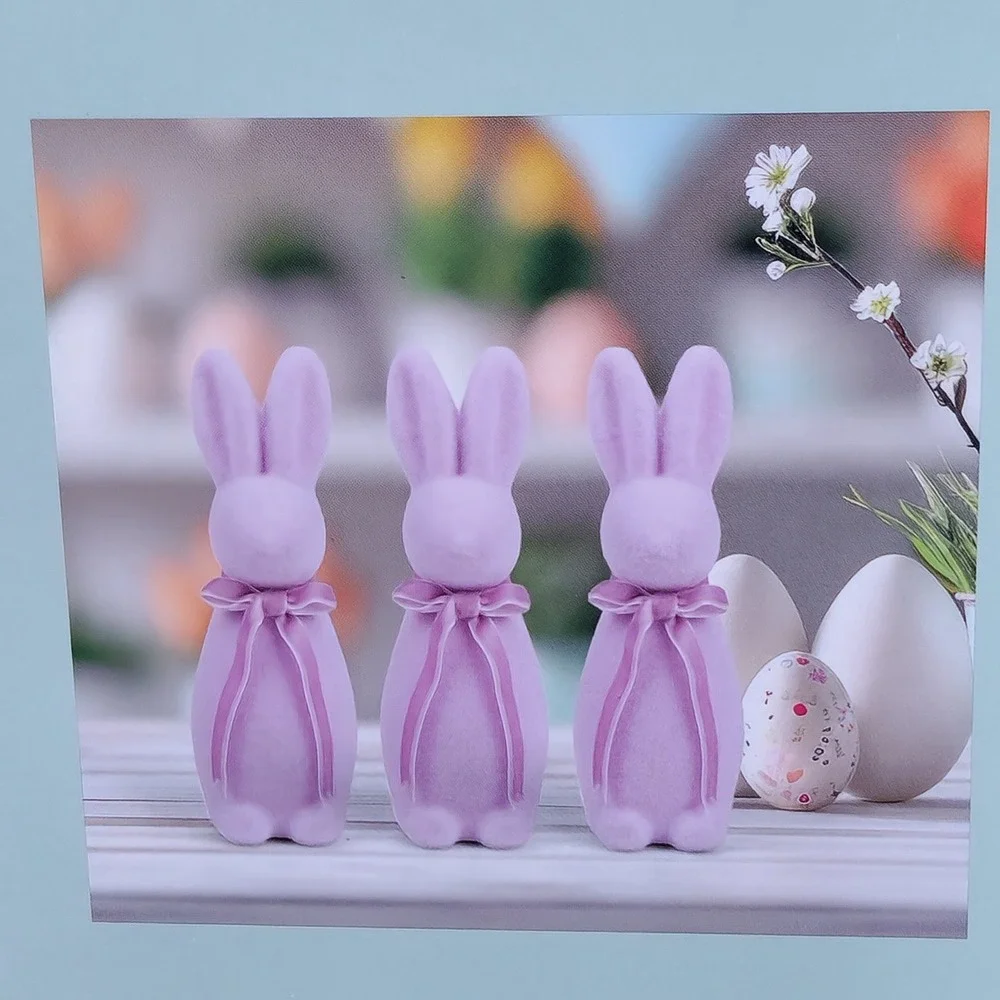 Kirkton House 3PK Small Flocked Bunnies Purple Easter Decor Velvet Ribbon New